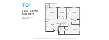 A floor plan for a 3 bedroom, 2 bathroom apartment sized at 1,097 square feet.