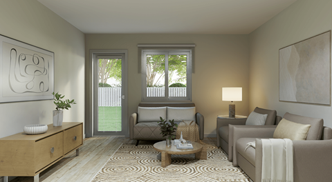 A living room with a sofa, armchair, and coffee table.