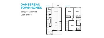 A floor plan for a Dansereau townhome with 3 bedrooms and 1.5 baths sized at 1,236 square feet.