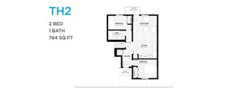 A floor plan for a two bedroom, one bathroom apartment of 764 square feet.