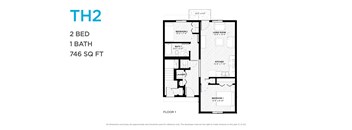 A floor plan for a 2 bedroom, 1 bathroom apartment sized at 746 square feet.