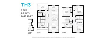 A black and white image of a three bedroom apartment layout.