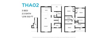 A floor plan for a 3 bedroom, 2.5 bathroom apartment sized at 1,516 square feet.