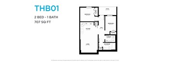A floor plan for a 2 bedroom, 1 bathroom apartment that is 707 square feet.