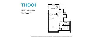 A floor plan of a one bedroom apartment with one bathroom.
