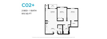 A floor plan for a 2 bedroom, 1 bathroom apartment that is 915 square feet.