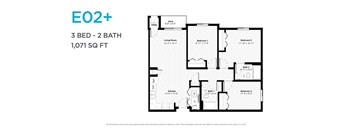 A floor plan for a 3 bedroom, 2 bathroom apartment sized at 1,071 square feet.