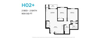 A floor plan for a 2 bedroom, 2 bathroom apartment sized at 909 square feet.
