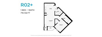 A floor plan for a one bedroom, one bathroom apartment sized at 716 square feet.