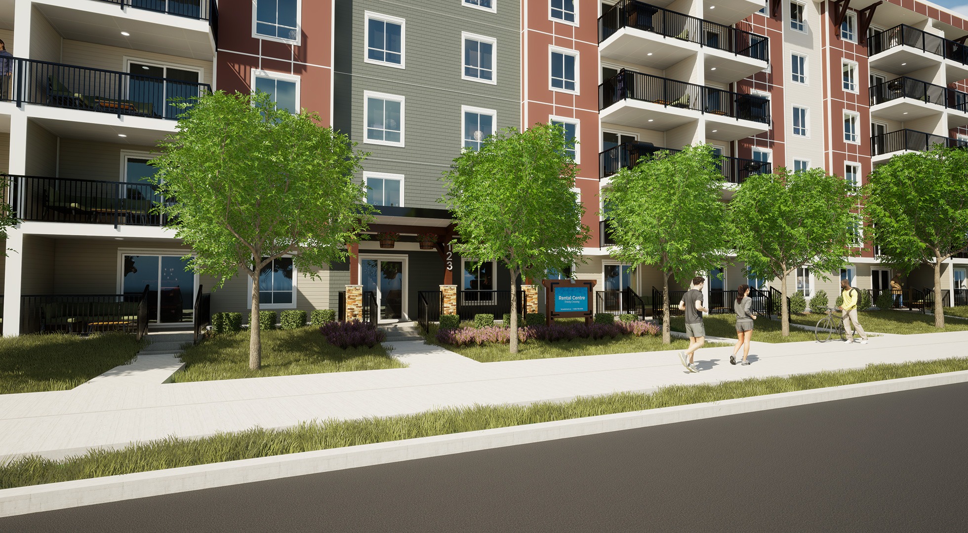 A modern apartment complex with balconies and trees in front.