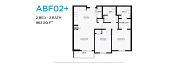 A floor plan for a 2 bedroom, 2 bathroom apartment sized at 963 square feet.