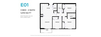A floor plan for a 3 bedroom, 2 bathroom apartment sized at 1,019 square feet.
