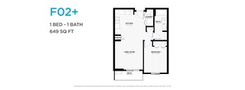 A floor plan for a one bedroom, one bathroom apartment that is 649 square feet.