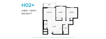 A floor plan for a 2 bedroom, 1 bathroom apartment that is 843 square feet.