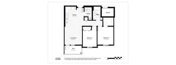 A floor plan of a house with a kitchen, living room, two bathrooms, two bedrooms, and a deck.