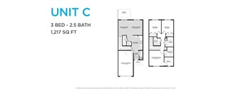 A drawing of a 3 bedroom, 2.5 bathroom unit that is 1,217 square feet.
