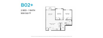 A floor plan for a 2 bedroom, 1 bathroom apartment that is 908 square feet.