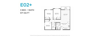 A floor plan for a 3 bedroom, 1 bathroom apartment sized at 971 square feet.