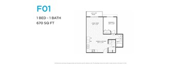 A floor plan for a 1 bedroom, 1 bathroom apartment that is 670 square feet.