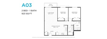 A floor plan for a 2 bedroom, 1 bathroom apartment.