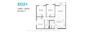 A floor plan for a 3 bedroom, 1 bathroom apartment is shown.