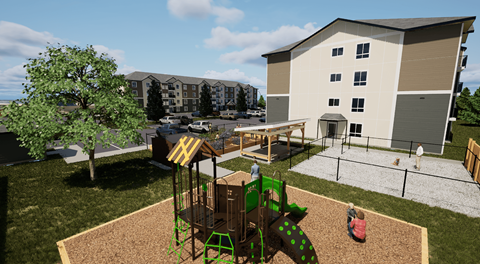 A playground sits next to a dog run and apartment building