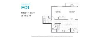 A floor plan for a one bedroom apartment at Wallace Heights.