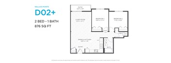 A floor plan for a D02+ apartment with two bedrooms and one bathroom.