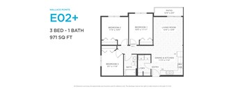 A floor plan for a 3 bedroom, 1 bathroom apartment of 971 square feet.