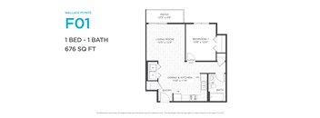 A floor plan for a one bedroom apartment with one bathroom.