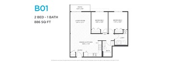 A floor plan for a 2 bedroom, 1 bathroom apartment sized at 886 square feet.