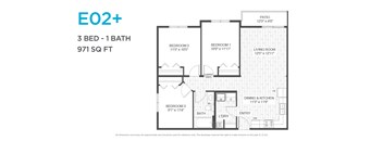 A floor plan for a 3 bedroom, 1 bathroom apartment is shown.