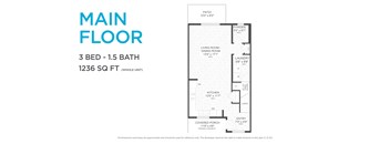 A floor plan for a main floor apartment with 3 bedrooms and 1.5 bathrooms.