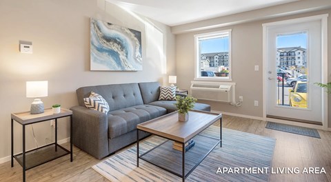 Apartment living area with a couch, two end tables, a coffee table. A window sits with an AC unit below next to a balcony door with window in it