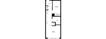 A floor plan of a small apartment with a bedroom, bathroom, and living room.