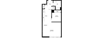 A floor plan of a house with a living room, dining room, kitchen, and bath.