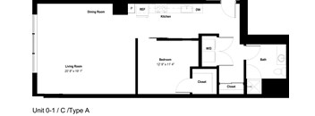 A black and white image of a floor plan for a living space.