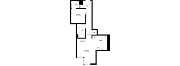 A floor plan of a home with a living room, dining room, kitchen, bathroom, and closet.