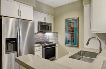 Kitchen with stainless steel appliances and a sink at Avino in San Diego,92130
