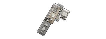 A top-down view of a house layout with a car parked in the driveway.
