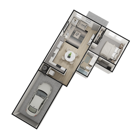 a house with a small car inside of it