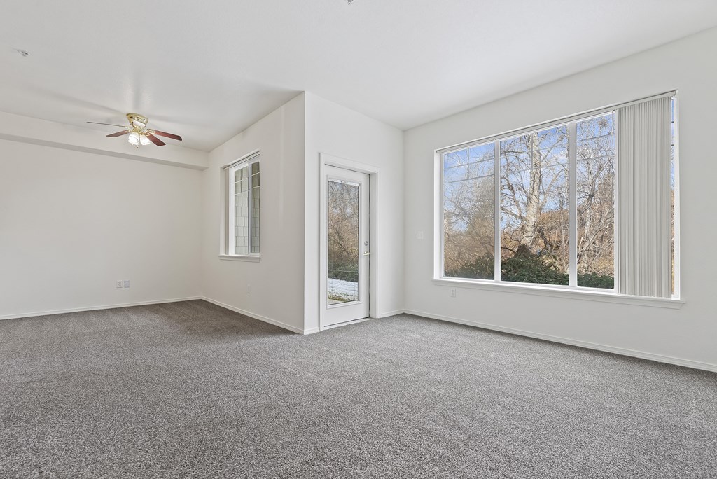 A room with a carpeted floor and a ceiling fan.