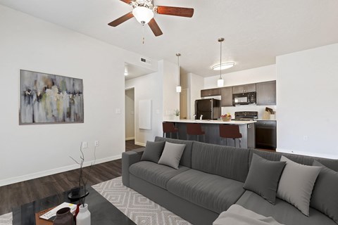 a living room with a couch and a coffee table