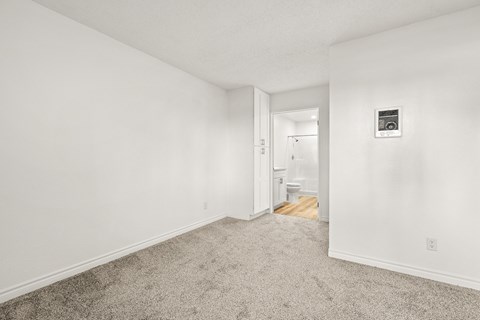 A room with a carpeted floor and a doorway leading to another room.