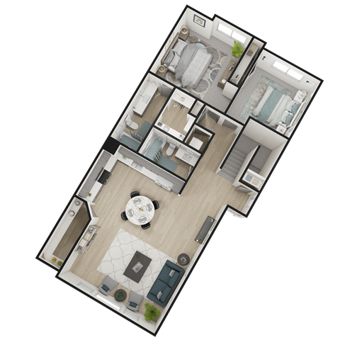 a 3d floor plan of a bedroom and a living room