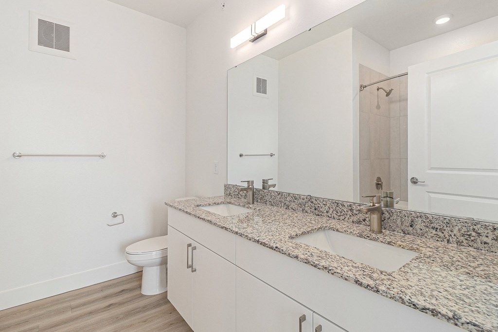 A bathroom with a granite countertop and white cabinets.
