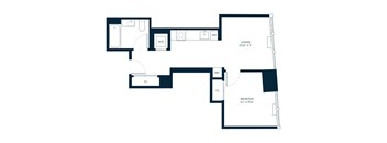 A floor plan of a living area, bedroom, and bathroom.