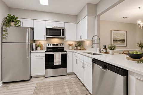 A modern kitchen with stainless steel appliances and white cabinets.