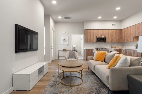 A modern living room with a grey couch and a wooden coffee table.