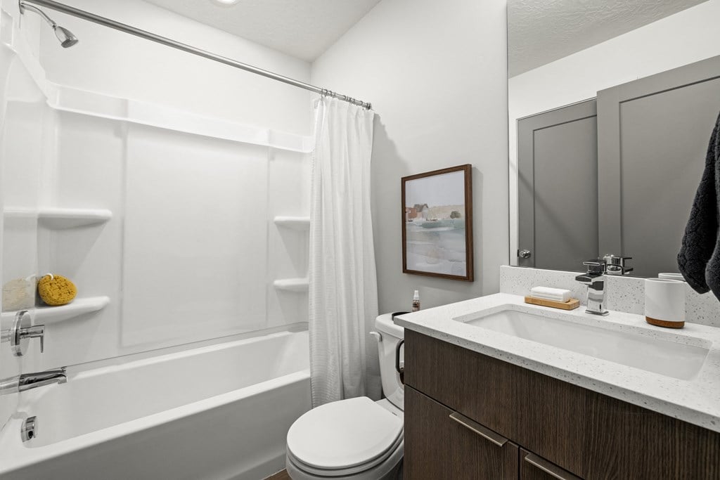 a bathroom with a sink toilet and shower and a bath tub